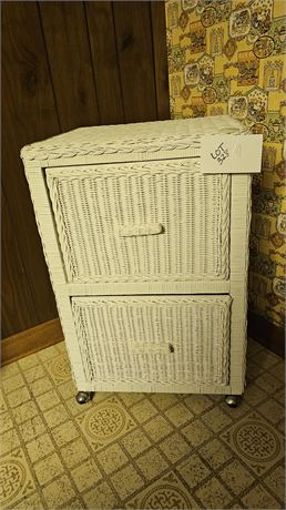 White Wicker Storage Cabinet On Castors