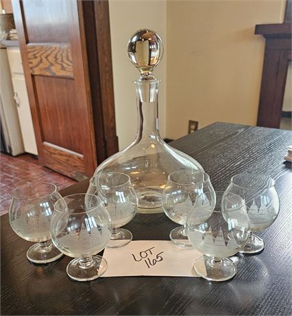 Vintage Tuscany Etched Clipper Ship Decanter & 6 Brandy Snifters