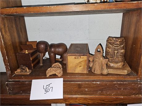 Wood Carved Mixed Lot: Figurines/Boxes/Elephant & More