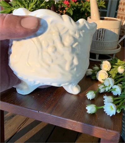 Napcoware C-702 White Ceramic Planter/Vase W/Embossed Cherub Angel Design