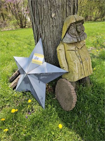 Weather Carved Wood Sea Capt. / Large Metal Star & Stepping Stone