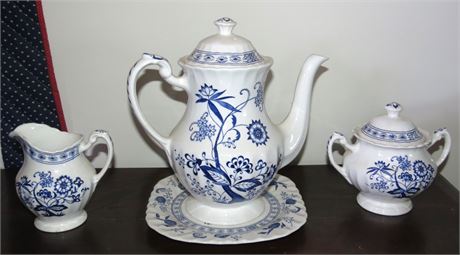 Blue Nordic Teapot, Creamer, Sugar Bowl