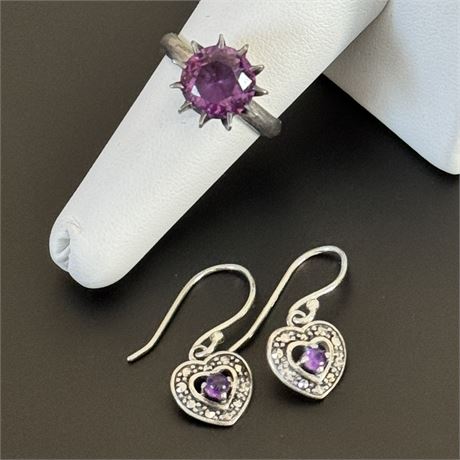 Stunning SIGNED Sterling Silver Amethyst Ring and Heart Earrings