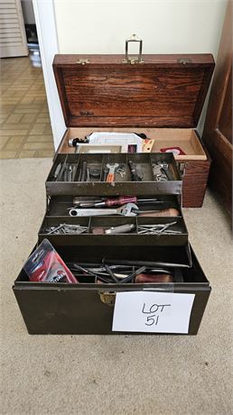 Vintage Metal Toolbox with Tools & Vintage Wood Toolbox With Misc Electrical