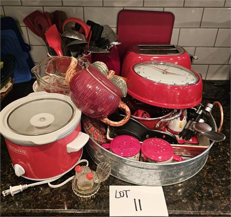 Mixed Kitchen Lot- Red Theme- Toaster, Crock Pot, Bakeware & More