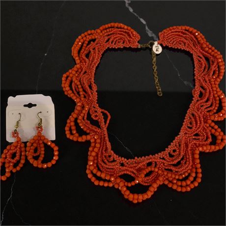 Vintage Multi-Strand Coral Beaded Choker Necklace & Earring Set