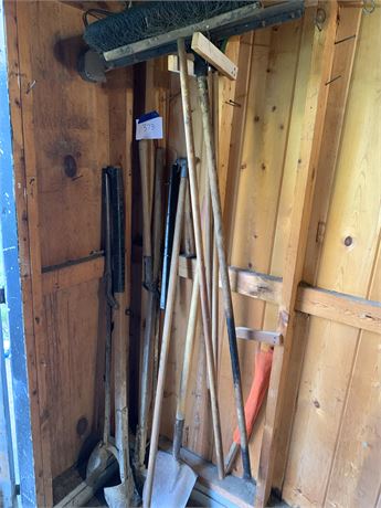 Lawn Tool Lot - Brooms - Racks - Squeegee - Post Hole Digger - Shovel