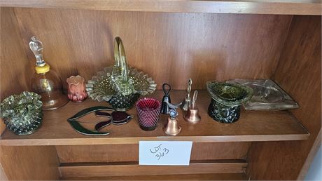 Home Decor Lot: Hobnail Green Basket, Rose Vase, Amber Bell & More