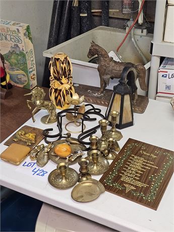 Mixed Decor Lot: Brass Candle Holders / Brass Horse / Candle & More