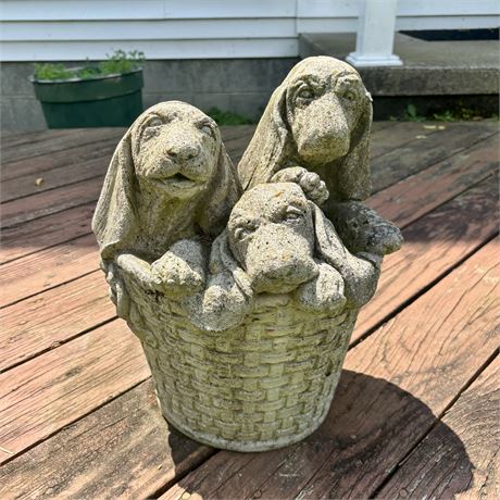 Adorable Puppies in a Basket Concrete Garden Statue
