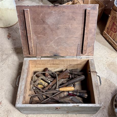 Lidded Wood Crate Filled w/ Early Hand Tools