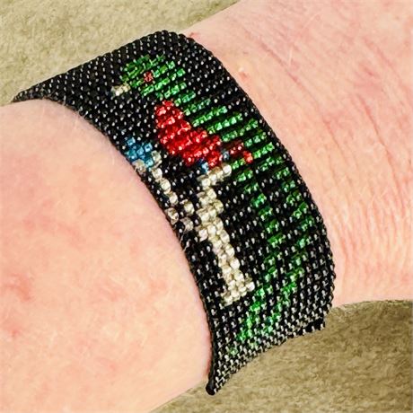 Vintage Woven Loom Colorful Glass Beaded Tropical Birds Bracelet
