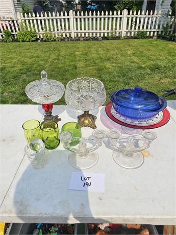 Mixed Glass Lot- Candle Sticks, Cake Plate & More