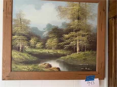 MCM Nature Landscape Oil Painting Signed by Artist In Dark Wood Frame