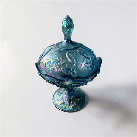 Fenton Aqua Blue Carnival Glass Lily of the Valley Pedestal Compote Dish W/Lid