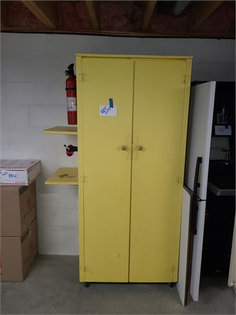 Large Painted Yellow Wood Storage Cabinet on Wheels