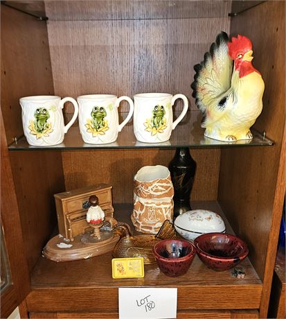 Mixed Decor Lot: Rooster,Mugs,Vases & More