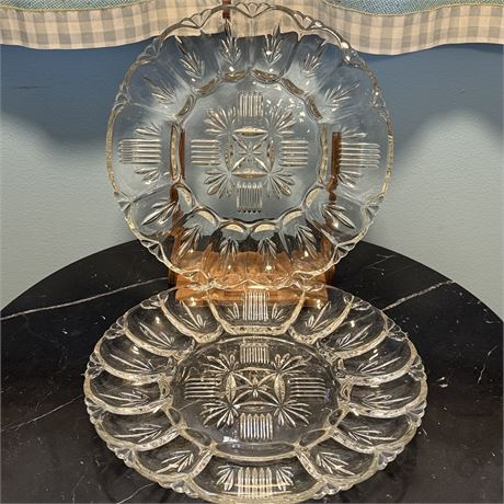 Pair of Vintage Cut Glass Deviled Egg Plates