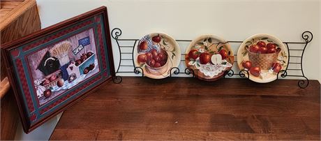 Classic Apple Decor- Picture and 3-Plate Set w/Holder