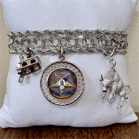 Vintage American Sterling (925) Wide Chain Bracelet w/ 3 Charms - 35.56g