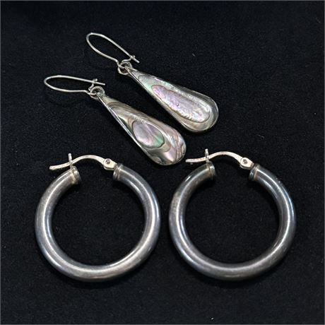 Fine Silver .999 Hoops and Sterling Silver Abalone Dangle Earrings