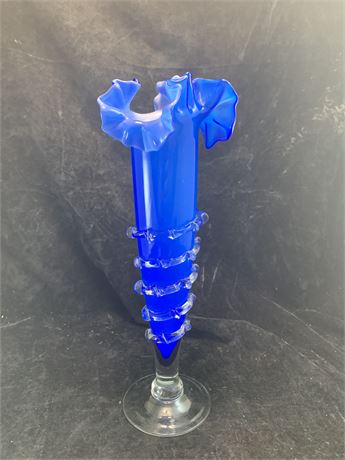 Vintage MCM Cobalt Blue Ruffled Rim Art Glass Vase Clear Base Clear Roping