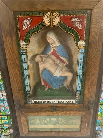 Wood Oak Catholic Last Rites Shadow Box Viaticum or Sick Call Set (Antique)