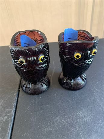 Vintage Purple Slag Glass Owl Shaped Creamer and Sugar Bowl With Yellow Eyes