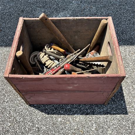 Rustic Crate Filled w/ Wood Handled Tools, Garden Tools, and More