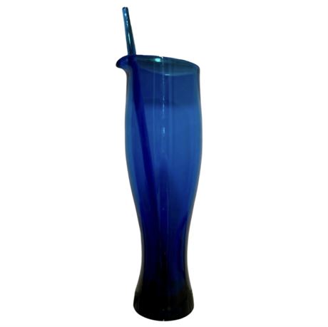 Gorgeous MCM Hand Blown Aqua Art Glass Pitcher with Stir Stick - 11.5"T