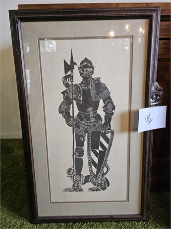 Vintage Framed Brass Rubbings Style Knight Print