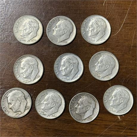 10 Eisenhower Silver Dimes, 1940’s-1964, Mixed Lot