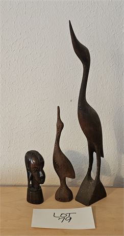 Hand Carved Wood Herons & African Tribal Wood Bust Set