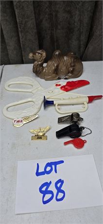 Vintage Collectibles Thompson Flutophone, Kusan Bird Scissors, TWA Junior Pilot