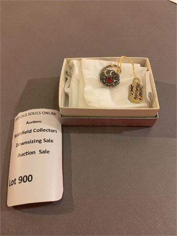 MCM Sterling Silver Red Coral Ring W/Ornate Metal Work Stamped Sunburst