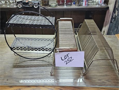 1960's Wire Record Racks & Retro Bloack Round Metal Shelf 10" Dia