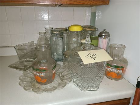 Mixed Glass Kitchen Lot: Biscuit Jar / Egg Platter / Juice Jugs / Storage & More