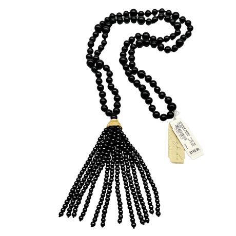 New Kenneth Joy Lane Black Glass Beaded Boho Tassel Necklace - 36"