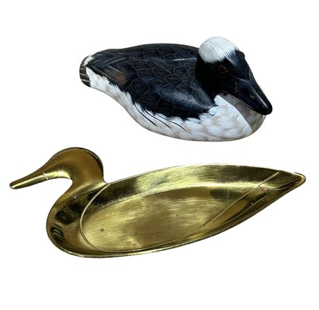 Brass Duck Trinket Dish and Hand Painted Carved Wood Duck Figurine