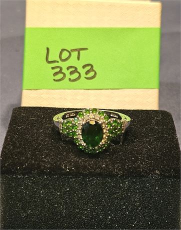 Sterling 925 HT Green Garnet & CZ Ring Sz 10.5