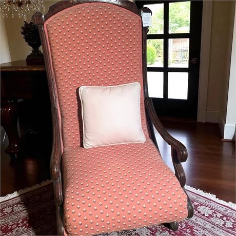 Victorian Wooden Ladys Chair Pink Upholstery W/Crested Carved Grape Pattern