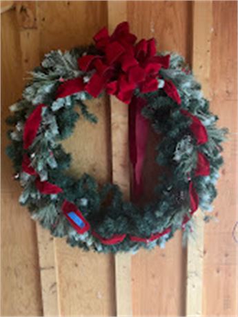 Large Flocked Pine Christmas Wreath With Large Red Felt Bow & Trails