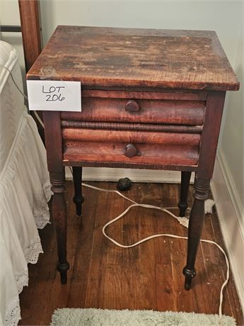 Antique Wood Side Table With Turned Legs & Two Drawers