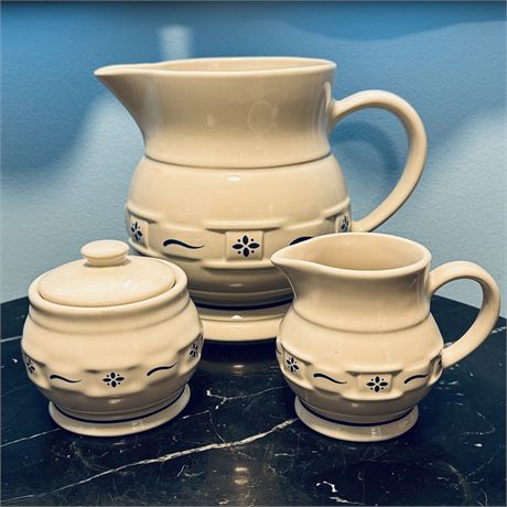 Longaberger Pottery Pitcher with Cream & Sugar Dishes