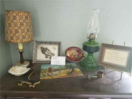 Mixed Decor Lot- Oil Lamp, Candle Stick Lamp, Wall Hangings & More