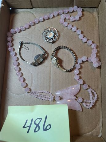 Pink Quartz Butterfly Necklace  10k Gold Filled Bulova w/ Diamond Chips D' Orsay
