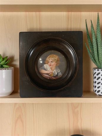 Antique Round Wood Framed Child Portrait French Palatino Oil On Ivory #255