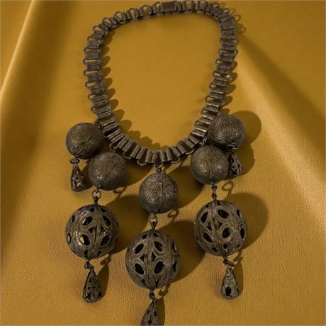 Bohemian-Style Metal Choker Necklace W/Ornate Book Chain & Filigree Metal Balls