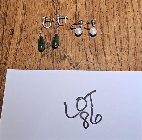 14K Jade Dangle Earrings 2.11 DWT & 9K Pearl Screw On 1.12 DWT