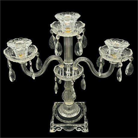 Elegant 3-Arm Glass Table Candelabra w/ 20 Crystal Prisms